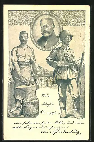 Künstler-AK sign. Otto Flechtner: Paul von Hindenburg, Soldat neben Schmied mit Hammer und Amboss