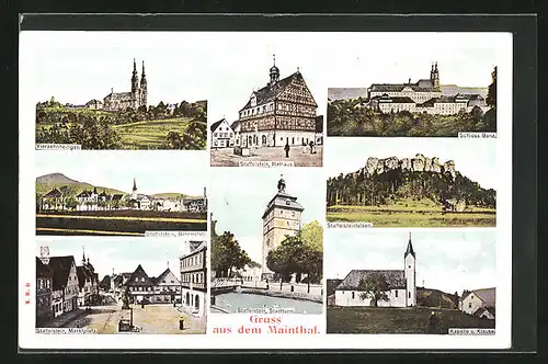 AK Staffelstein / Mainthal, Panorama, Rathaus, Marktplatz und Bahnhofstrasse