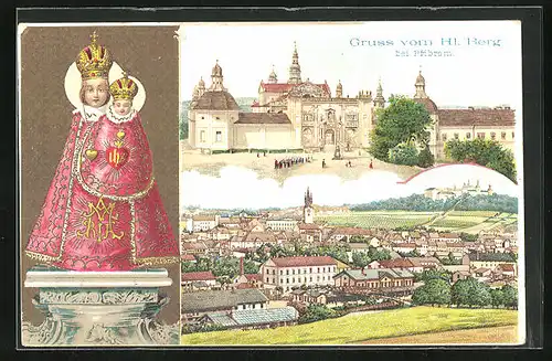 Lithographie Pribram, Kirche Heil. Berg mit Panorama