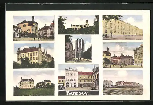 AK Beneschau / Benesov, Bahnhof und Gebäudeansichten
