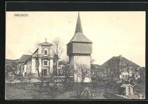 AK Hronov, Blick zum Turm und Kirche