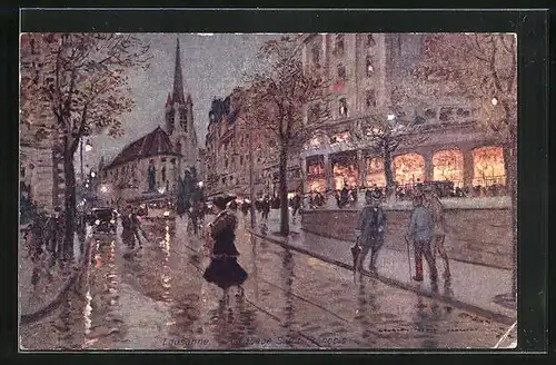 Künstler-AK Georges Stein: Lausanne, Passanten bei Regenwetter