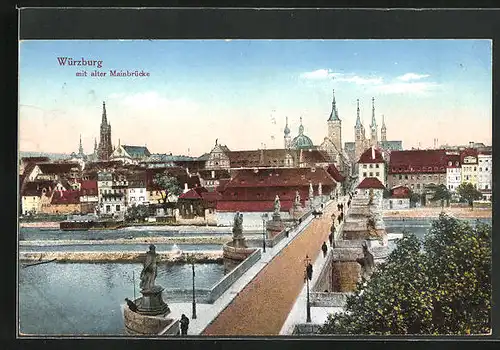 AK Würzburg, Ortsansicht mit alter Mainbrücke