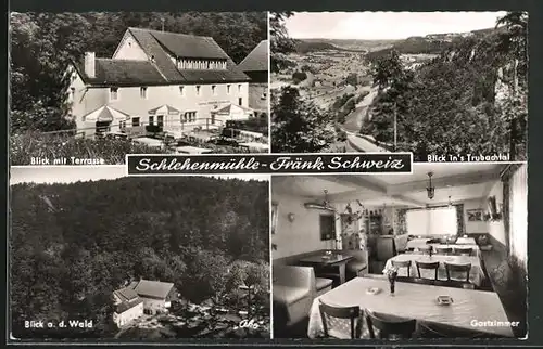 AK Schlehenmühle, Gasthaus-Pension Friedrich mit Terrasse und Gastzimmer, Blick auf den Wald, Blick ins Trubachtal