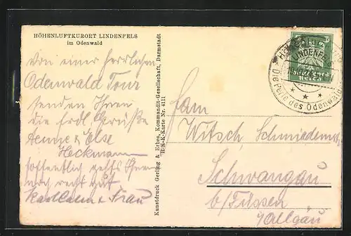 Künstler-AK Lindenfels /Odenwald, Totalansicht des Höhenluftkurortes