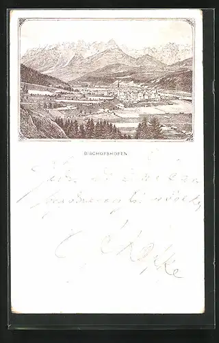 Künstler-AK Bischofshofen, Totalansicht mit Bergpanorama