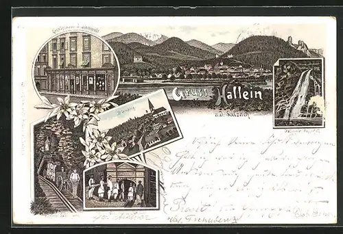 Lithographie Hallein, Geschäfsthaus v. J. Schmerold, Dürrnberg, Gollinger Wasserfall