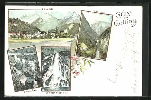 Lithographie Golling, Pass Lueg, Oberer Fall, Gollinger Wasserfall