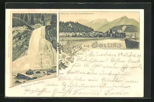 Lithographie Golling, Teilansicht mit dem Tennengebirge, Gollinger Wasserfall