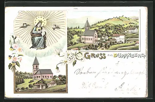 Lithographie Dürnberg, Ortspartie mit Kirche, Gnadenbild
