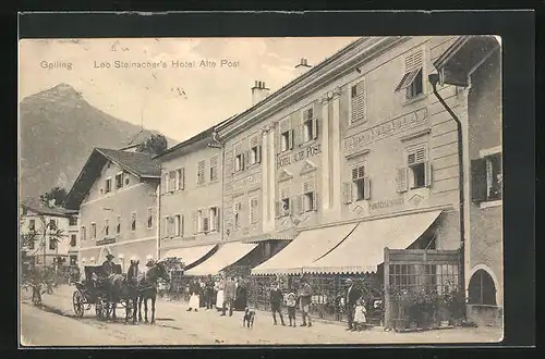 AK Golling, Leb Steinacher`s Hotel Alte Post mit Pferdewagen