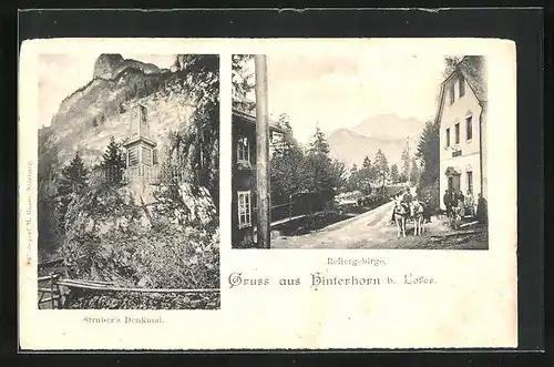 AK Hinterhorn b. Lofer, Strassenpartie am Gasthaus mit Reitergebirge, Strubers Denkmal