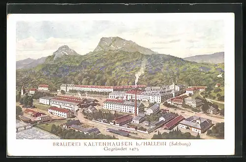 Künstler-AK Hallein, Brauerei Kaltenhausen aus der Vogelschau