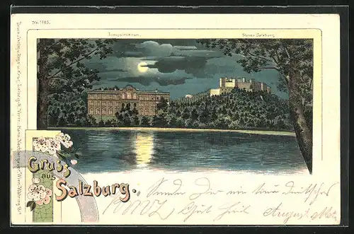 Mondschein-Lithographie Salzburg, Leopoldskron und Hohen Salzburg