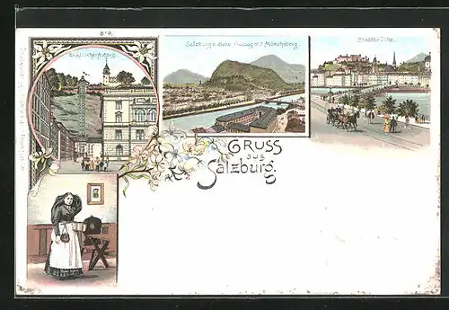 Lithographie Salzburg, Elektrischer Aufzug, Stadtbrücke