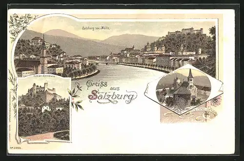 Lithographie Salzburg, Stadtansicht von Mülln, Festung Hohen-Salzburg