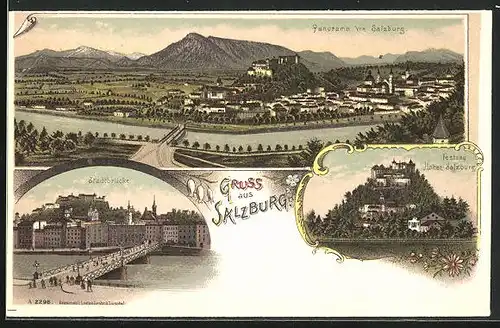 Lithographie Salzburg, Stadtbrücke, Panorama, Festung Hohen-Salzburg