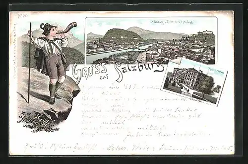 Lithographie Salzburg, Hotel de l`Europe, Ausblick vom Elektrischen Aufzug