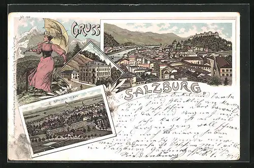 Lithographie Salzburg, Gasthof und Cafe Ofenjoch, Panorama