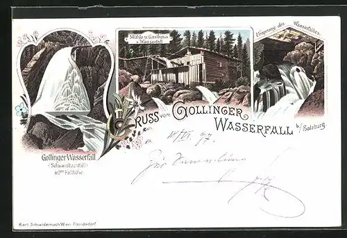 Lithographie Golling, Mühle und Gasthaus zum Wasserfall, Wasserfall