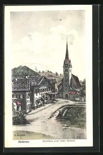 Künstler-AK Abtenau, Gasthaus zum roten Ochsen am Hauptplatz