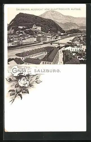 Lithographie Salzburg, Blick vom elektrischen Aufzug auf den Ort