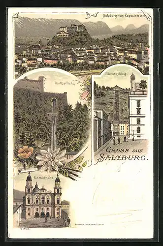 Lithographie Salzburg, Domkirche, Elektrischer Aufzug, Drahtseilbahn