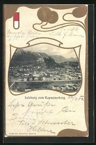 Präge-AK Salzburg, Teilansicht vom Kapuzinerberg aus gesehen, Passepartout