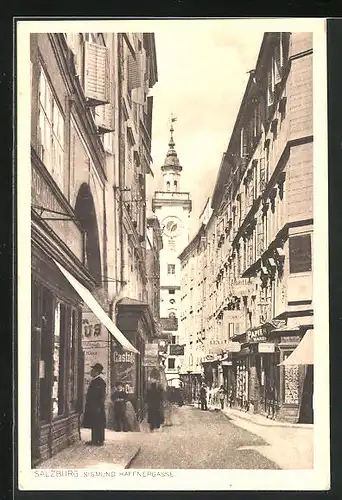 AK Salzburg, Strasse Sigmund Haffnergasse mit Geschäften
