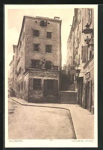 AK Salzburg, Strasse Nonnberg Stiege mit Gasthaus von Jos. Knauseder und Glaserei