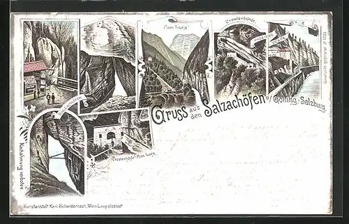 Lithographie Golling, Salzachöfen, Croatenhöhle. Pass Lueg