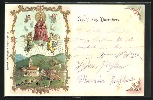 Lithographie Dürrnberg, Ortspartie mit Kirche
