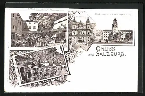 Lithographie Salzburg, Gasthaus Stifstkeller St. Peter, Friedhof, Dimkirche