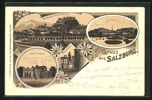 Lithographie Salzburg, Karolinenbrücke m. Festung, Curhaus, Stadt-Theater