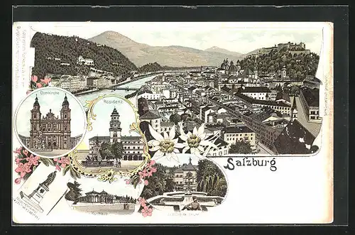 Lithographie Salzburg, Domkirche, Residenz, Schloss Hellbrunn