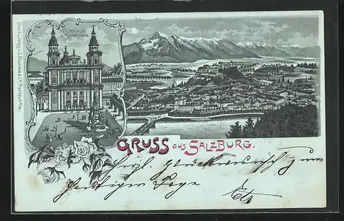Mondschein-Lithographie Salzburg, Domkirche u. Mariensäule, Totalansicht mit Bergpanorama