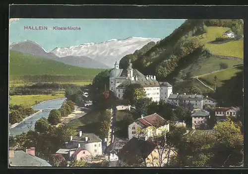 AK Hallein, Klosterkirche mit Berg- und Flusslandschaft