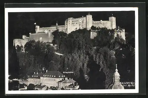 AK Salzburg, Restaurant Stieglkeller und Burg bei Nacht