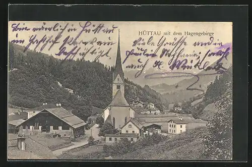 AK Hüttau, Kirche mit dem Hagengebirge