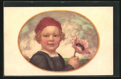 Künstler-AK Ludwig von Zumbusch: Bayerischer Blumentag 1913, Ganzsache Bayern, Knabe mit Mohnblume