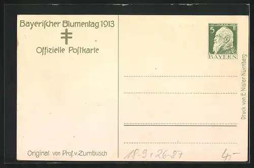 Künstler-AK Ludwig von Zumbusch: Bayerischer Blumentag 1913, Ganzsache Bayern, Knabe mit Mohnblume