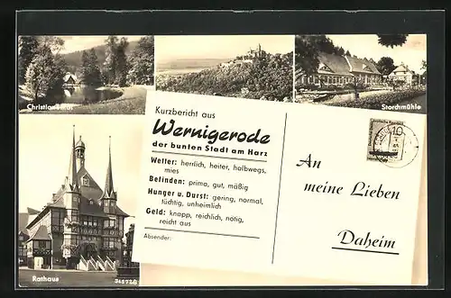 AK Wernigerode, Storchmühle, Rathaus, Karte für Schreibfaule