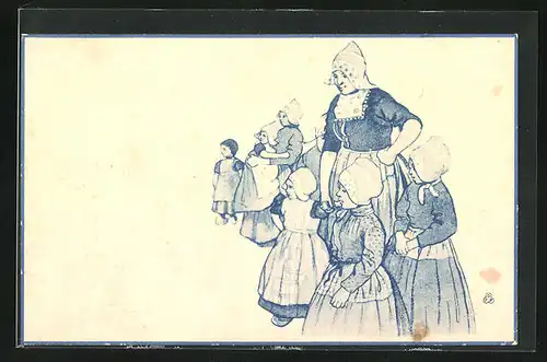 Künstler-AK Niederländische Bäuerinnen und ihre Kinder in Tracht