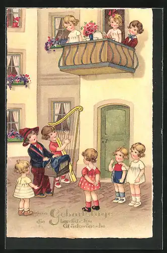 AK Kinder mit Leierkasten und Harfe vor Balkon von Geburtstagskind, Geburtstagsgruss