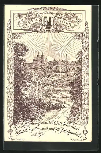 Künstler-AK Rothenburg o. Tbr., Festkarte zur 750 Jahr-Feier der Stadt, 1172-1922, Teilansicht, PP 52 C6, Ganzsache