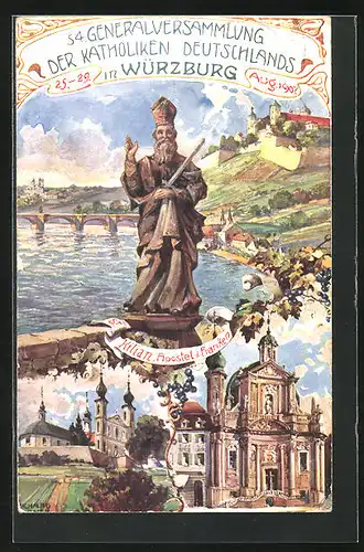 Künstler-AK Würzburg, 54. Generalversammlung der Katholiken Deutschlands 1907, PP15 C139, Ganzsache Bayern