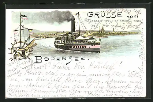 Lithographie Dampfschiff auf dem Bodensee