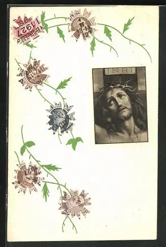AK Briefmarkencollage mit Jesus Christus