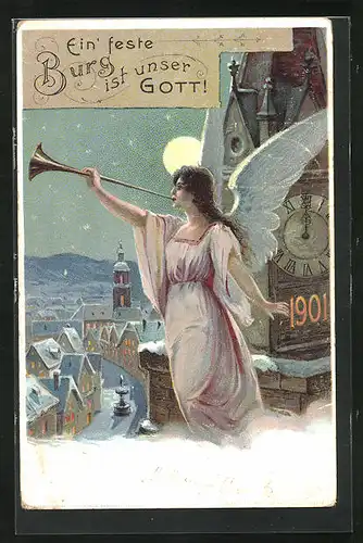 Lithographie Neujahrsengel über winterlicher Stadt, Ganzsache, 1901