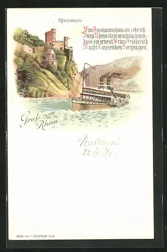Lithographie Dampfschiff passiert Rheinstein